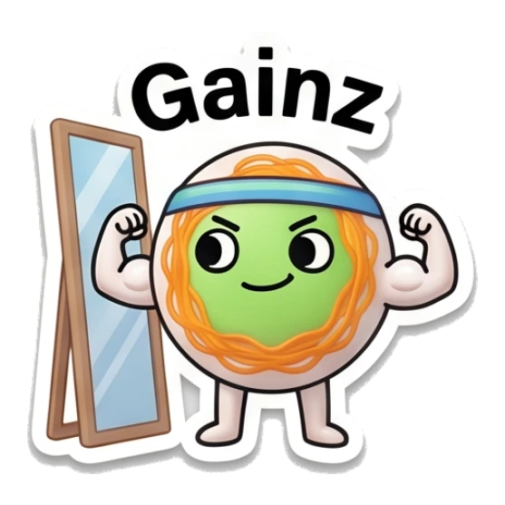 Confident noodle character flexing muscles in front of a mirror with text Gainz Gym Noodle Buddies sticker for expressive chats and social replies.