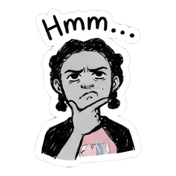 Girl touching chin in thought, pensive expression, text 'Hmm...' Doodle Girl Expressions sticker for expressive chats and social replies.