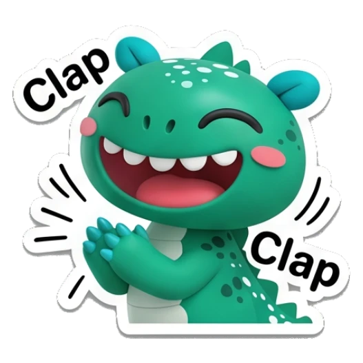 Teal dino clapping hands happily with Clap text. Teal Dino Daily Moods sticker for expressive chats and social replies.