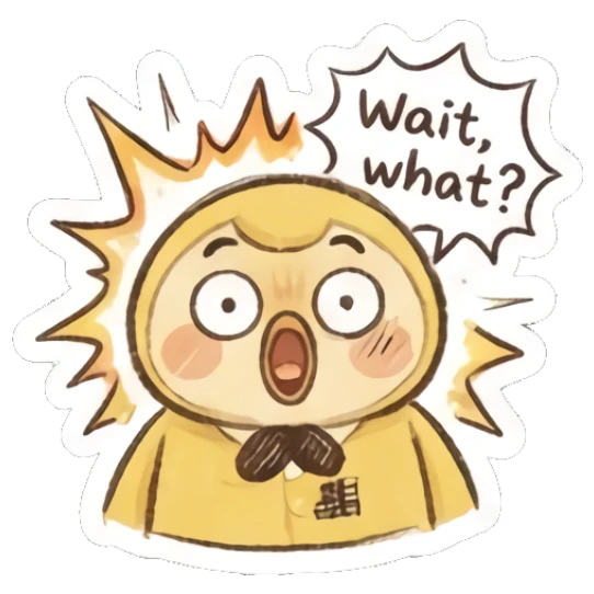 Shocked yellow chick with wide eyes and open mouth saying Wait what. Fluffy Yellow Chick Daily sticker for expressive chats and social replies.