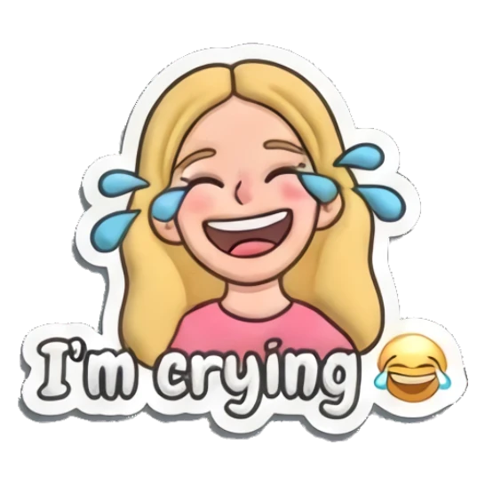 Blonde girl laughing with tears of joy and I am crying text Playful Blonde Girl Expressions sticker for expressive chats and social replies.
