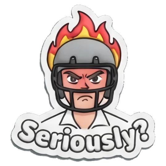 Man wearing a flaming helmet looking angry with text Seriously? Everyday Guy Expressions sticker for expressive chats and social replies.