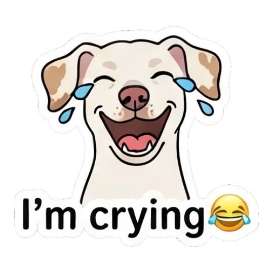 Crying puppy with tears of joy and text I'm crying Playful Spotted Puppy Expressions sticker for expressive chats and social replies.