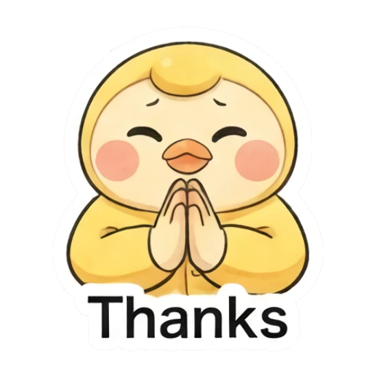 Grateful duckling with hands pressed together saying Thanks. Little Yellow Duckling Moods sticker for expressive chats and social replies.