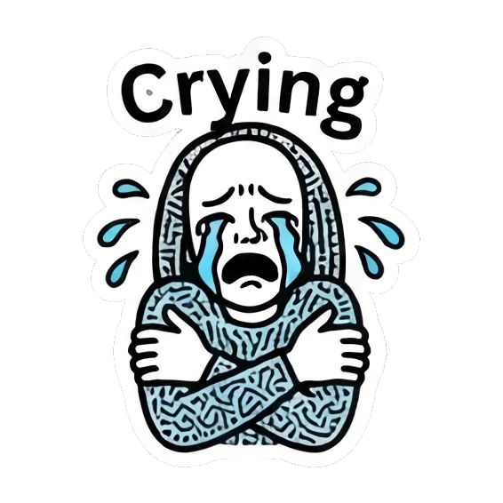 Sad girl crying with hands on chest with text Crying Keith Haring Style Girl sticker for expressive chats and social replies.