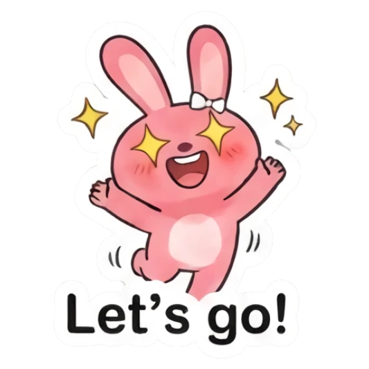 Energetic pink bunny jumping with stars saying Let's go Pink Bunny Moods sticker for expressive chats and social replies.