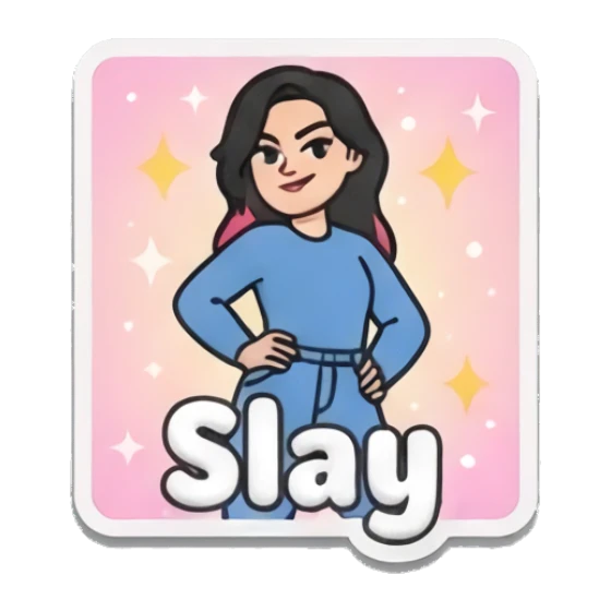 Girl standing confidently with hands on hips, text Slay Puffy Girl Daily Vibes sticker for expressive chats and social replies.