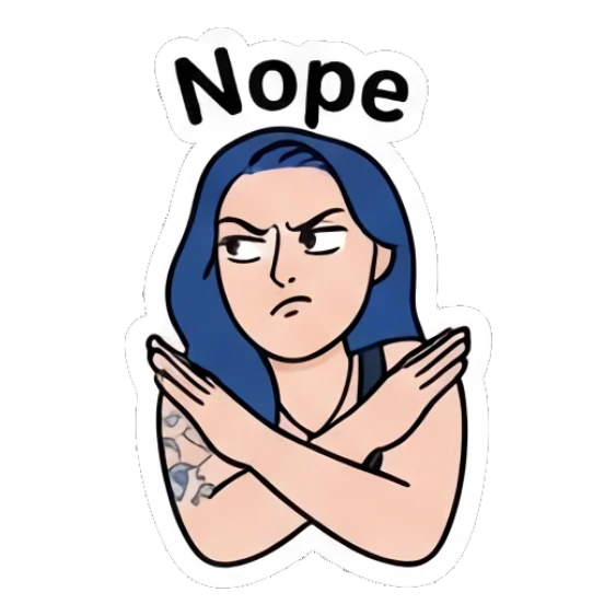 Annoyed girl crossing her arms in a firm Nope gesture. Blue Hair Girl Daily Life sticker for expressive chats and social replies.