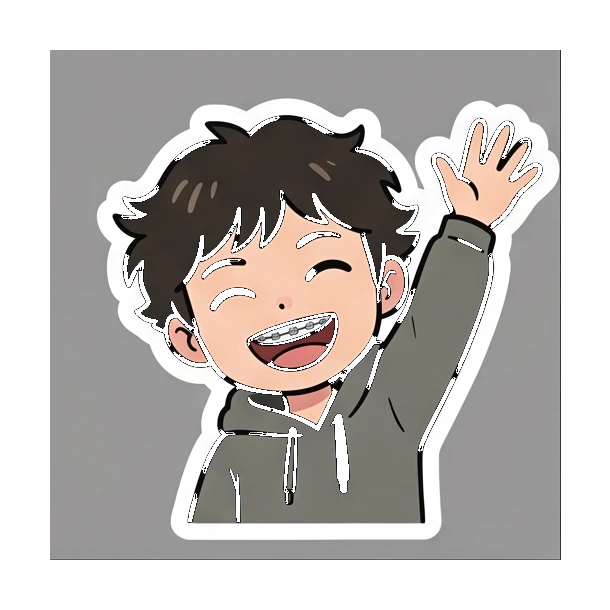 Boy with braces waving hand happily Cheerful Braces Boy sticker for expressive chats and social replies.