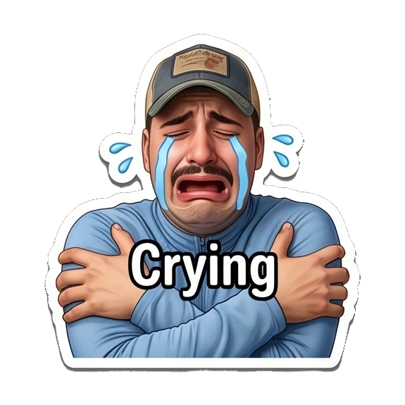 Man with mustache in cap crying while hugging himself Mustache Guy Daily Vibes sticker for expressive chats and social replies.