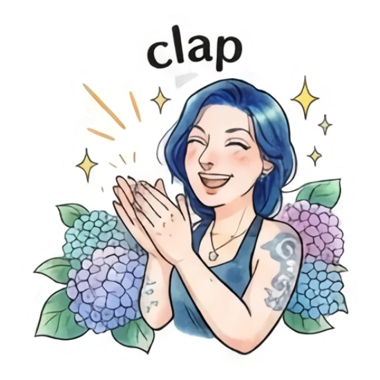 Blue-haired girl clapping with hydrangea flowers, text 'clap' Blue-Haired Artist Daily sticker for expressive chats and social replies.