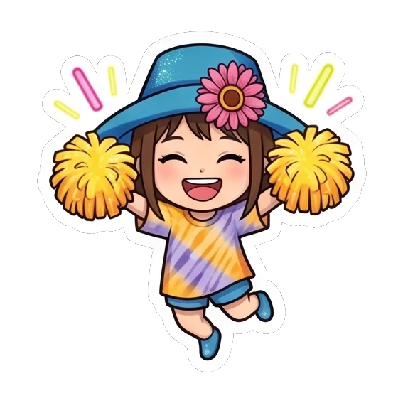 Girl in blue hat cheering with yellow pom-poms Summer Hat Girl Adventures sticker for expressive chats and social replies.