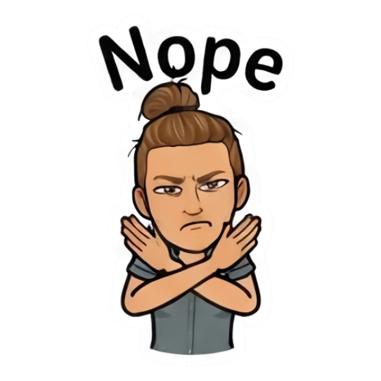 Girl with bun crossing arms in rejection, text Nope Daily Moods of a Girl sticker for expressive chats and social replies.