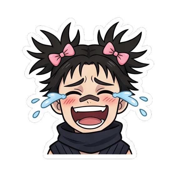 Ninja girl laughing joyfully with tears of happiness. Spiky Hair Ninja Girl sticker for expressive chats and social replies.