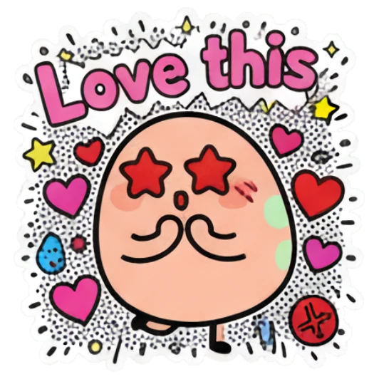 Loving egg character with star eyes and hearts with text 'Love this'. Keith Haring Style Egg Expressions sticker for expressive chats and social replies.