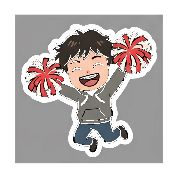 Boy with braces cheering with pom-poms Cheerful Braces Boy sticker for expressive chats and social replies.
