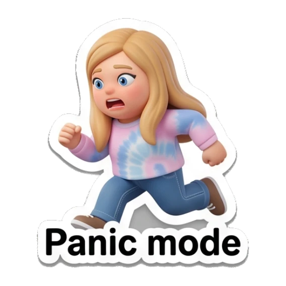 Blonde girl running in a panic, text Panic mode Blonde Girl Daily Vibes sticker for expressive chats and social replies.