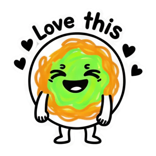 Noodle character smiling with 'Love this' text Noodle Doodle Pals sticker for expressive chats and social replies.