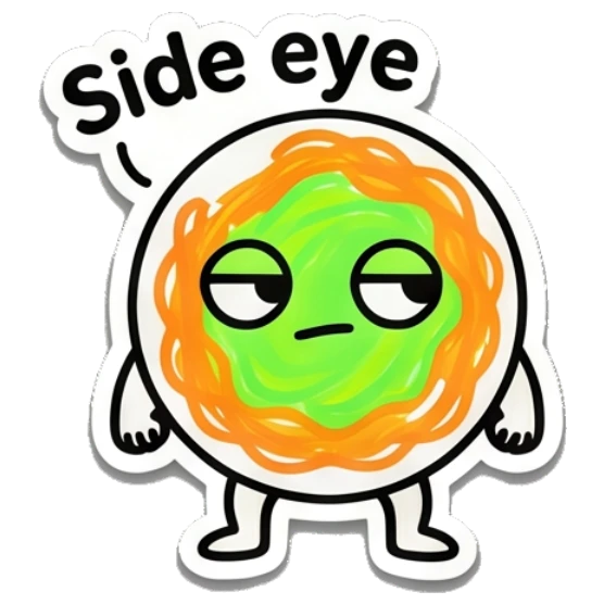 Skeptical spaghetti character giving a side eye with 'Side eye' text. Spaghetti Buddy Expressions sticker for expressive chats and social replies.