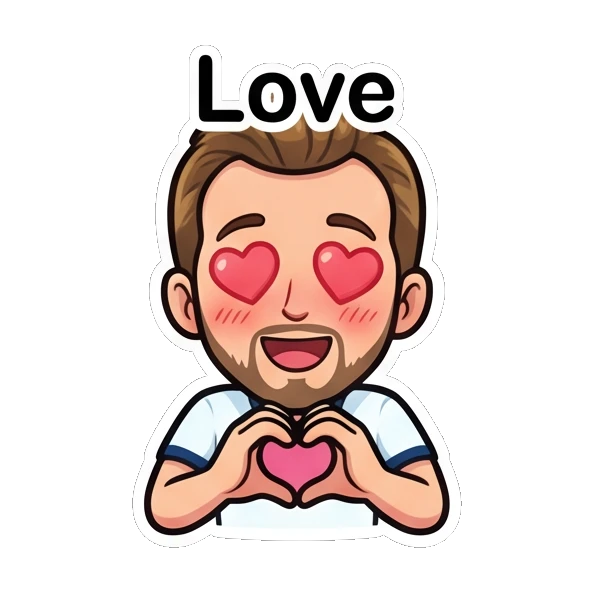 Bearded man making a heart shape with hands and heart eyes Cheerful Bearded Guy sticker for expressive chats and social replies.