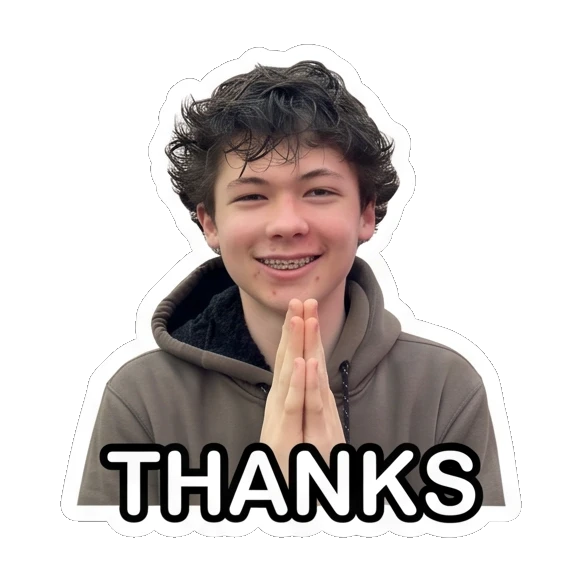 Teen boy with hands together in prayer, smiling, text THANKS Teen Boy Daily Expressions sticker for expressive chats and social replies.