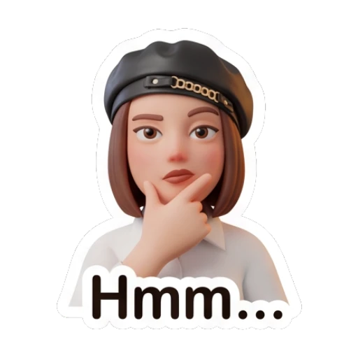Thoughtful girl in beret touching chin, text Hmm... Chic Beret Girl sticker for expressive chats and social replies.