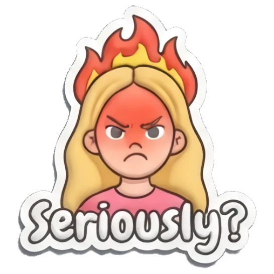 Blonde girl looking furious with fire background and Seriously text Playful Blonde Girl Expressions sticker for expressive chats and social replies.