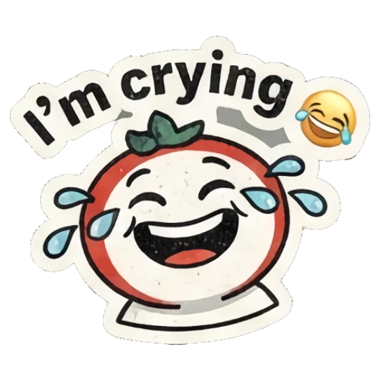 Crying tomato character laughing with tears and text I'm crying Retro Tomato Moods sticker for expressive chats and social replies.