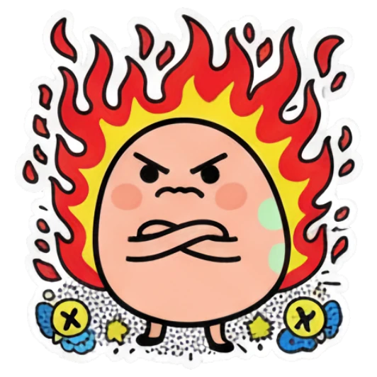 Angry egg character with flames and crossed arms with text 'Seriously?'. Keith Haring Style Egg Expressions sticker for expressive chats and social replies.