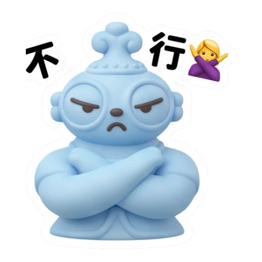 Blue Buddha looking stern with crossed arms and '不行' text Zen Buddy Clay Friends sticker for expressive chats and social replies.