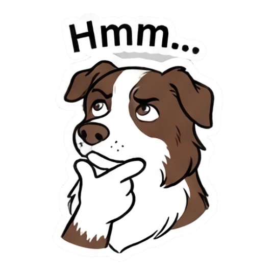 Pensive Border Collie thinking with a paw on chin and text Hmm Loki.. LOWKEY Aussie! sticker for expressive chats and social replies.