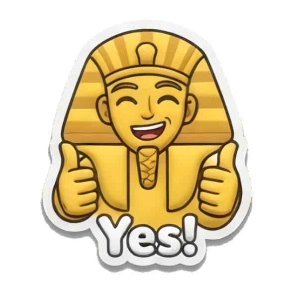 Happy pharaoh giving double thumbs up with Yes text Golden Pharaoh Vibes sticker for expressive chats and social replies.