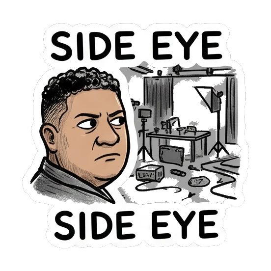Photographer giving a skeptical side eye look Studio Life Guy sticker for expressive chats and social replies.