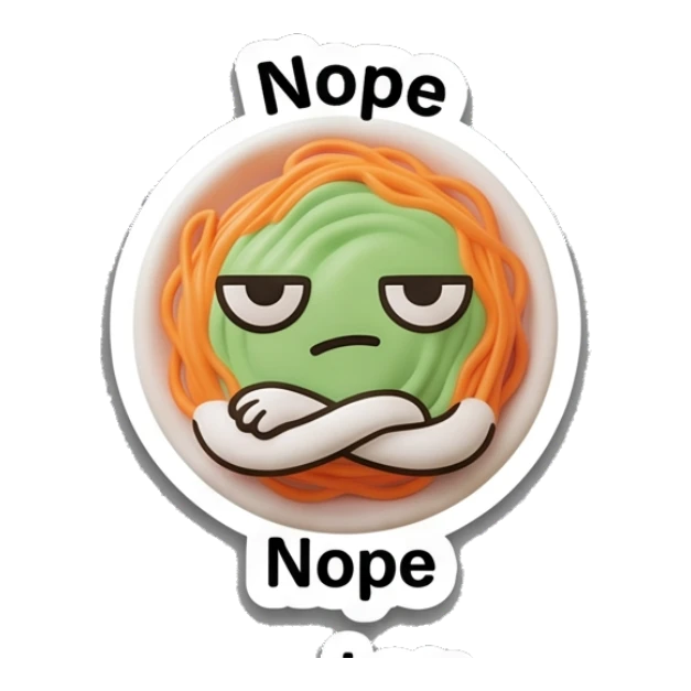 Spaghetti bowl with crossed arms and 'Nope' text, dismissive. Spaghetti Moods sticker for expressive chats and social replies.
