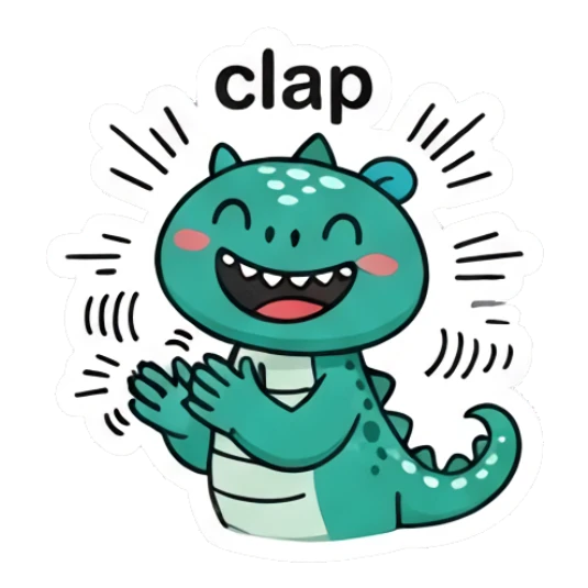 Excited green dinosaur clapping hands with text Clap Dino Pop Expressions sticker for expressive chats and social replies.