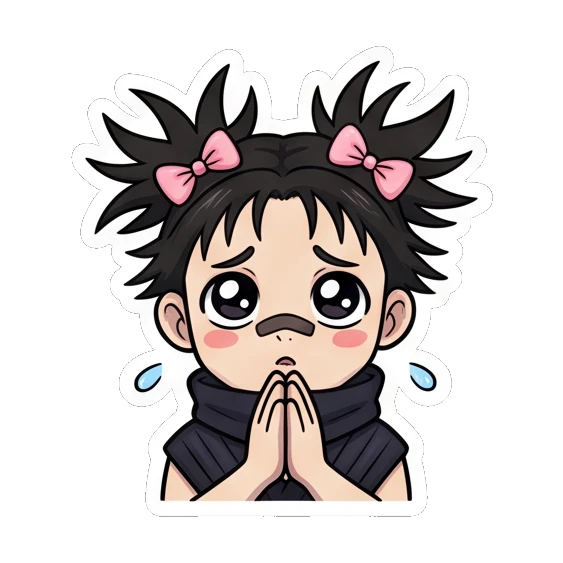 Ninja girl praying with a pleading and sad expression. Spiky Hair Ninja Girl sticker for expressive chats and social replies.