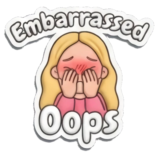 Blonde girl blushing and covering face with Oops text Playful Blonde Girl Expressions sticker for expressive chats and social replies.