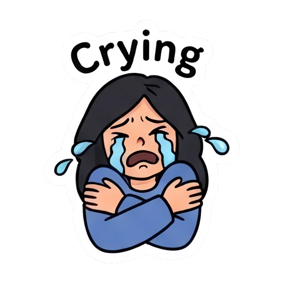 Girl crying with arms crossed, text 'Crying' Daily Life of a Cool Girl sticker for expressive chats and social replies.