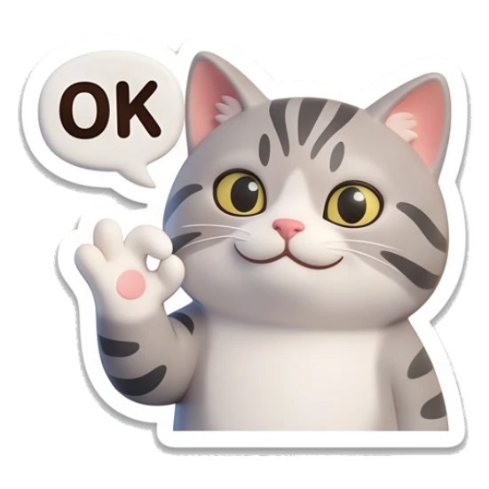 Grey tabby cat making an OK hand gesture with text OK Cute Grey Tabby Daily sticker for expressive chats and social replies.
