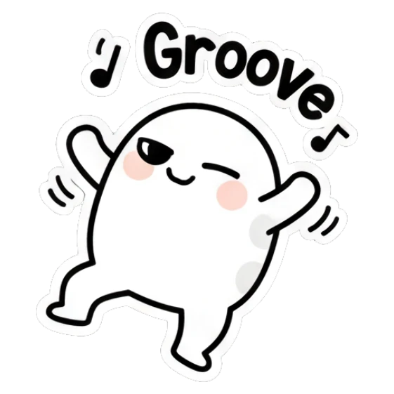 Dancing egg character grooving to music notes saying Groove. Doodle Egg Expressions sticker for expressive chats and social replies.