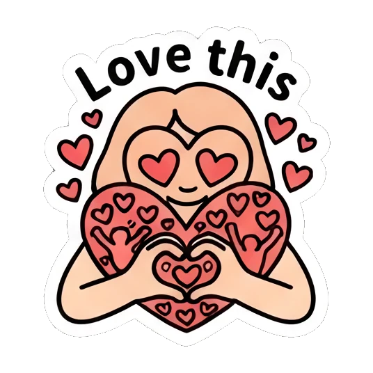 Girl holding heart shape with love eyes, text Love this Keith Haring Style Girl sticker for expressive chats and social replies.