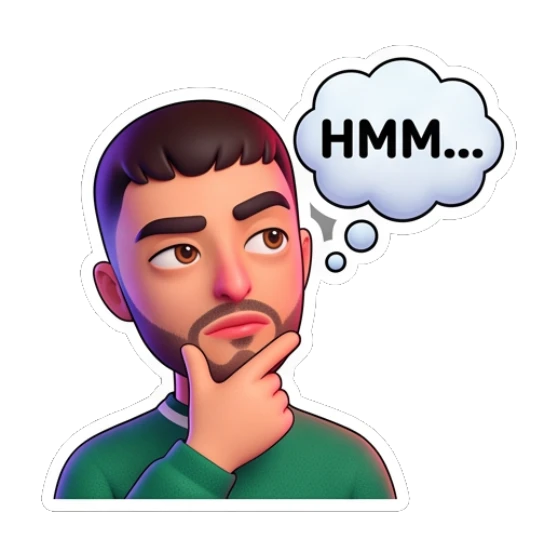Guy thinking with a hand on chin and Hmm text Cheerful Guy Daily Vibes sticker for expressive chats and social replies.