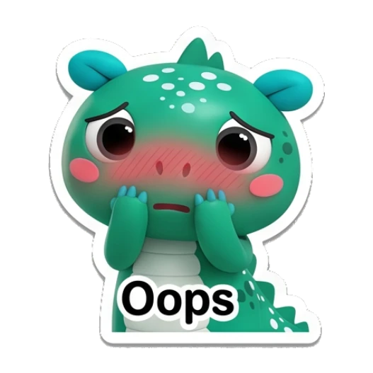 Teal dino looking shy and blushing with Oops text. Teal Dino Daily Moods sticker for expressive chats and social replies.