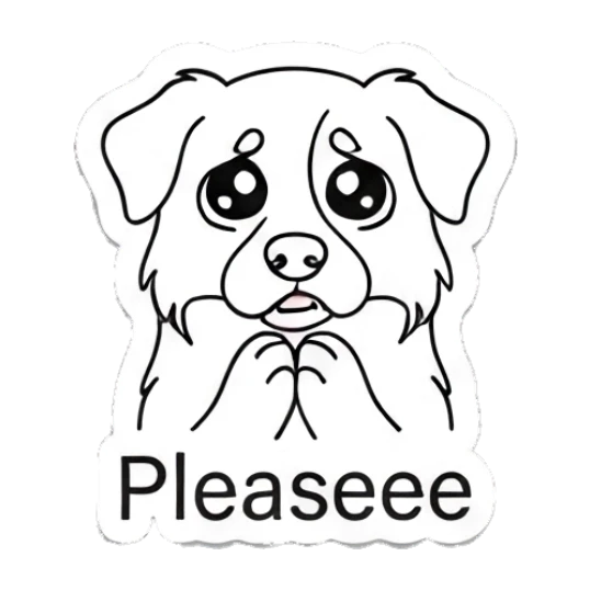 Pleading dog with big sad eyes and paws together Indie Line Art Doggy sticker for expressive chats and social replies.