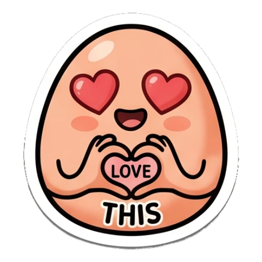 Loving egg making a heart shape with hands and text LOVE THIS Little Egg Emotions sticker for expressive chats and social replies.