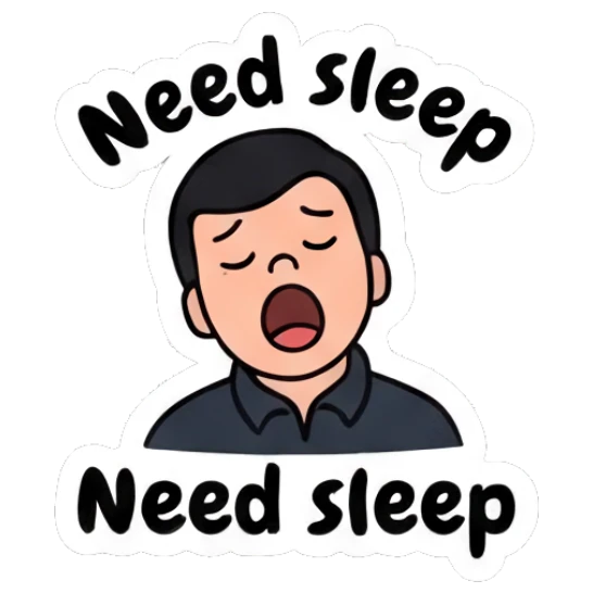 Man yawning and looking exhausted saying Need sleep. Everyday Office Guy sticker for expressive chats and social replies.