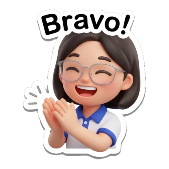 Girl with glasses clapping hands enthusiastically, saying Bravo. Cheerful Glasses Girl Daily sticker for expressive chats and social replies.