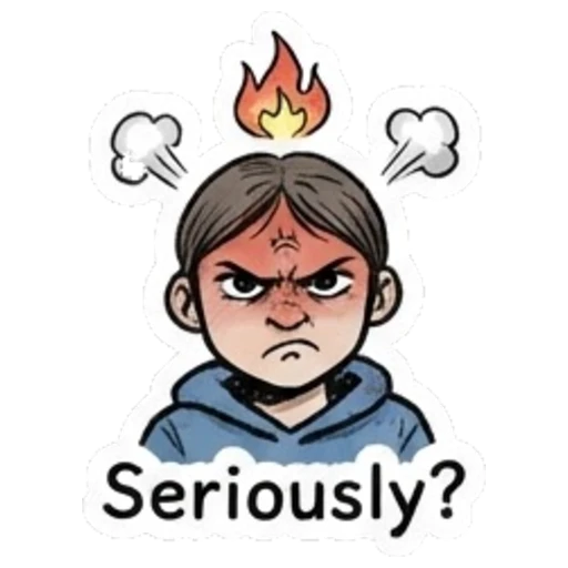 Angry girl with fire above head and text Seriously? Daily Moods of a Girl sticker for expressive chats and social replies.