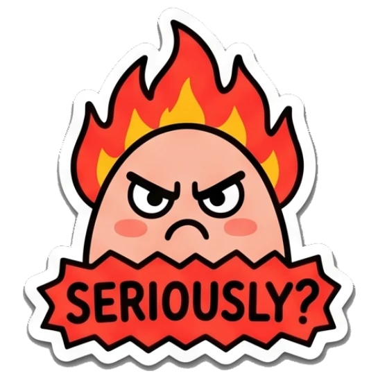 Angry egg character with flames on head and text SERIOUSLY? Egg-cellent Moods sticker for expressive chats and social replies.