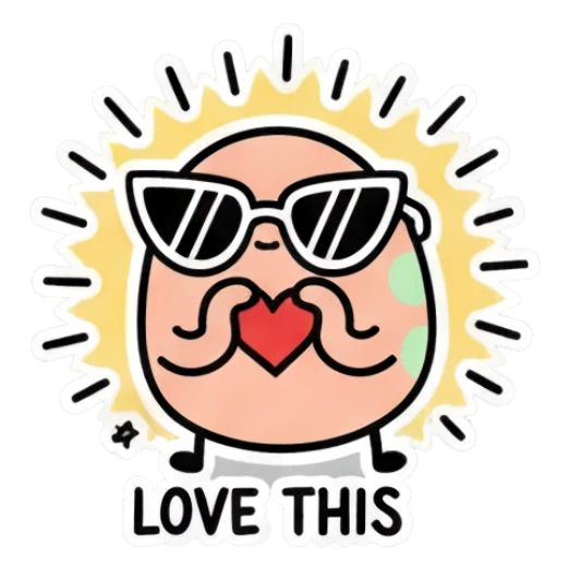 Pink egg character wearing sunglasses holding a heart, text LOVE THIS Little Pink Egg Adventures sticker for expressive chats and social replies.